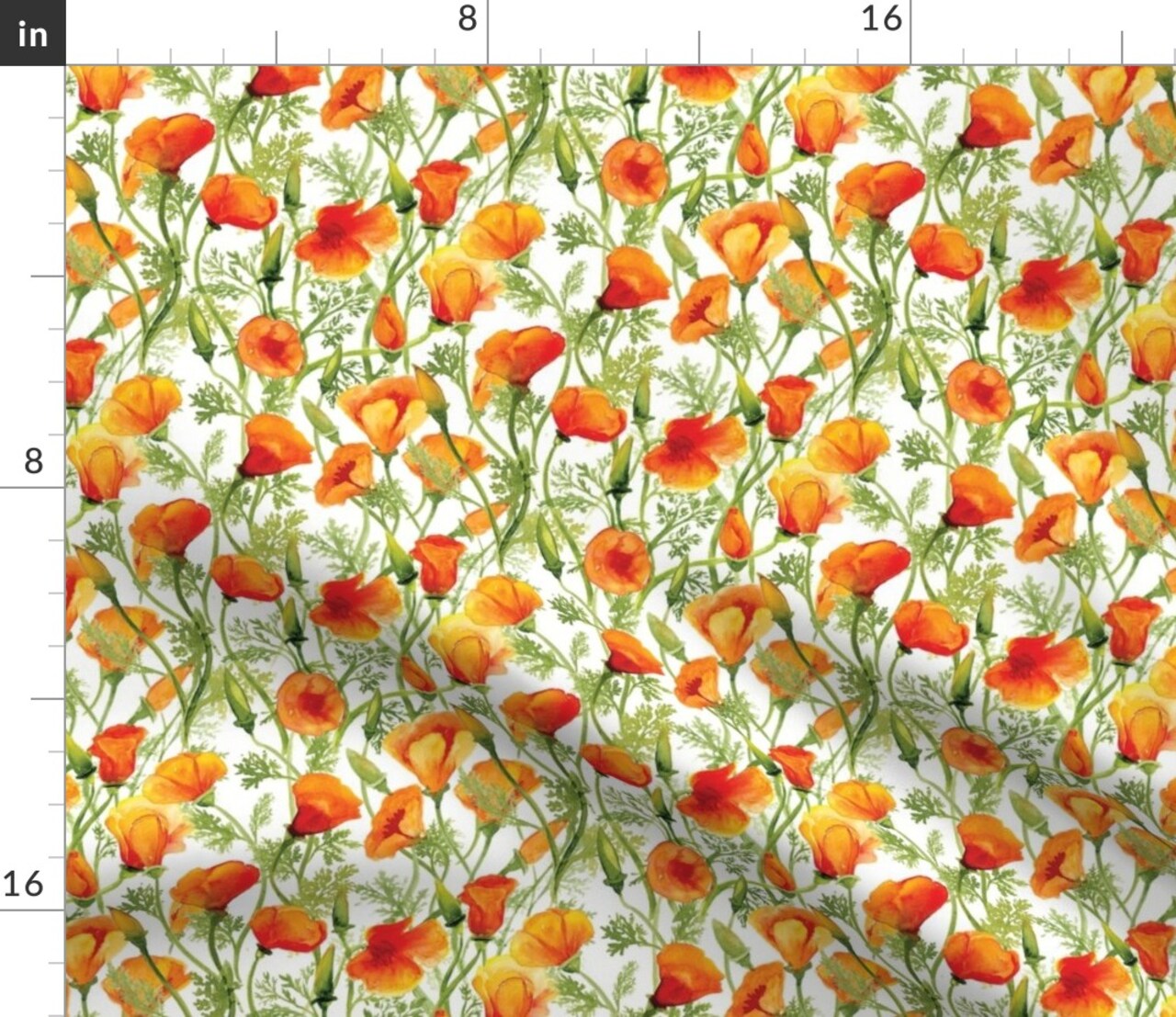 California Poppies Small Wildflower Watercolor Botanical Poppy Pacific Northwest West Coast Custom Printed Fabric by Spoonflower Various Fabrics by the Yard or Fat Quarter